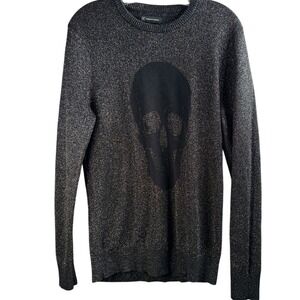 INC Skull Knit Black Sweater Small Metallic Crew Neck Goth Rocker Edgy Unisex